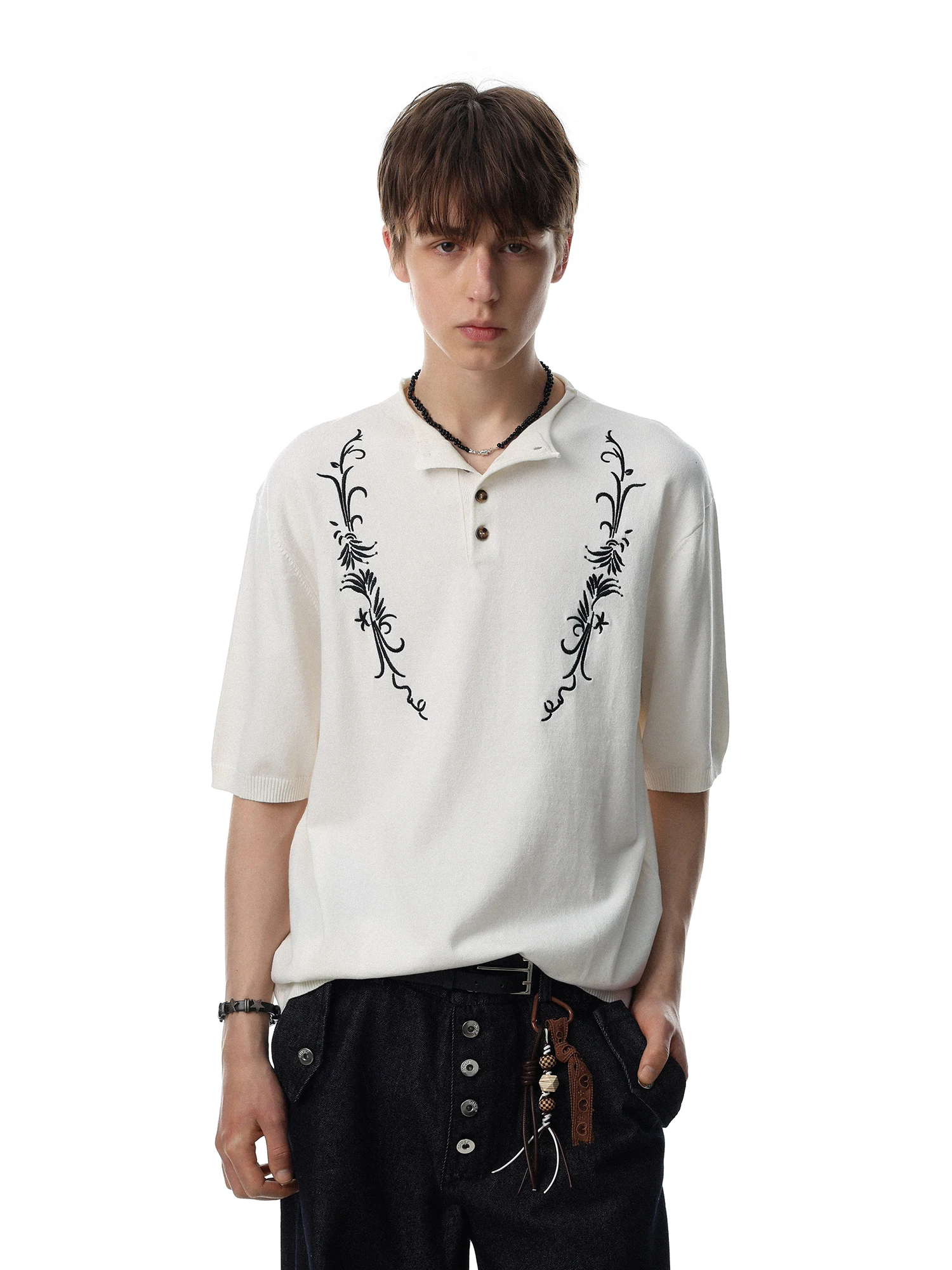 American Retro Embroidered Henry Collar Short Sleeve T-Shirt Loose Casual Versatile Men's Top Brand MRNEARLY Spring 2026