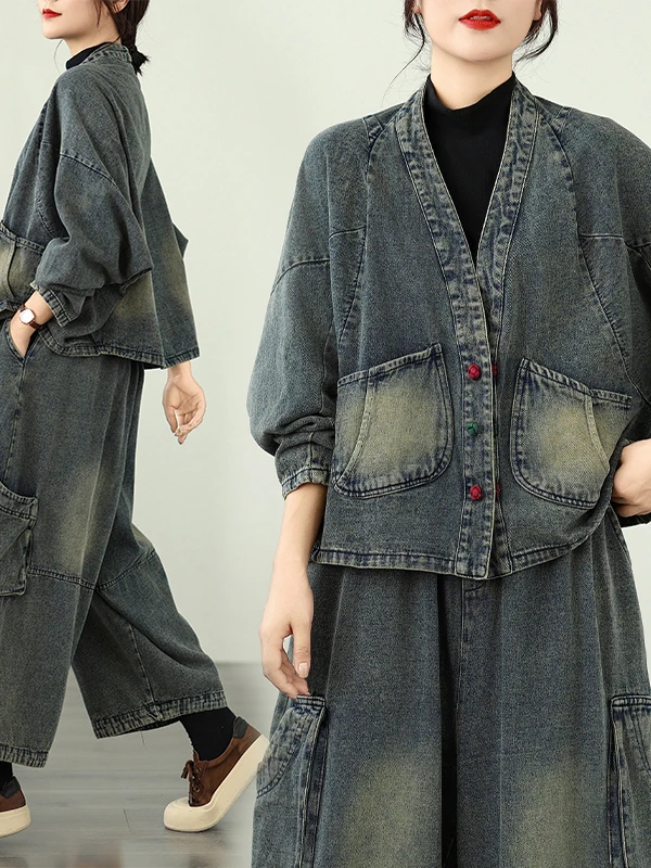 Conjunto Faion feminino de última geração vintage com botões jeans casual kets solto pessoal outono desgaste confortável ort Sve V-...