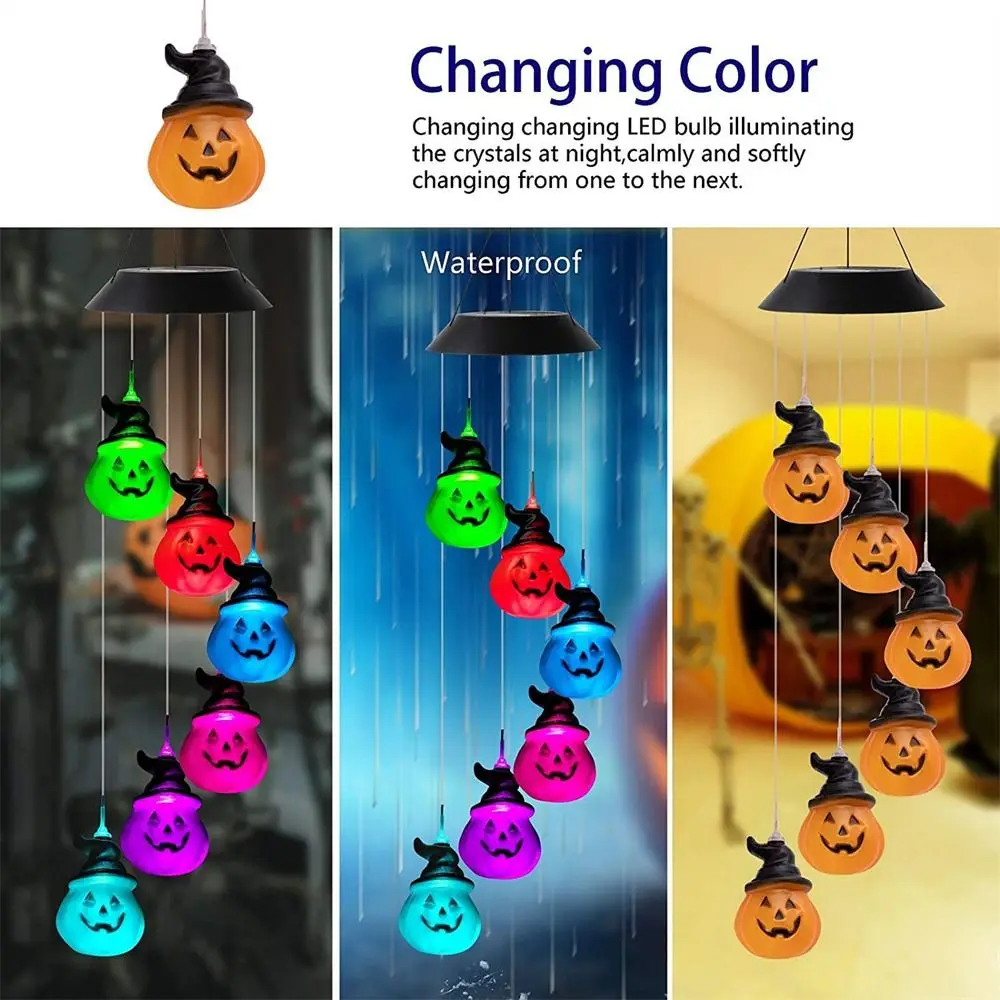 Hallowen Atmosphere Windchime Lights Waterproof Solar LED Light Pendant Skull and Pumpkin Decoration Lamp for Garden Courtyard