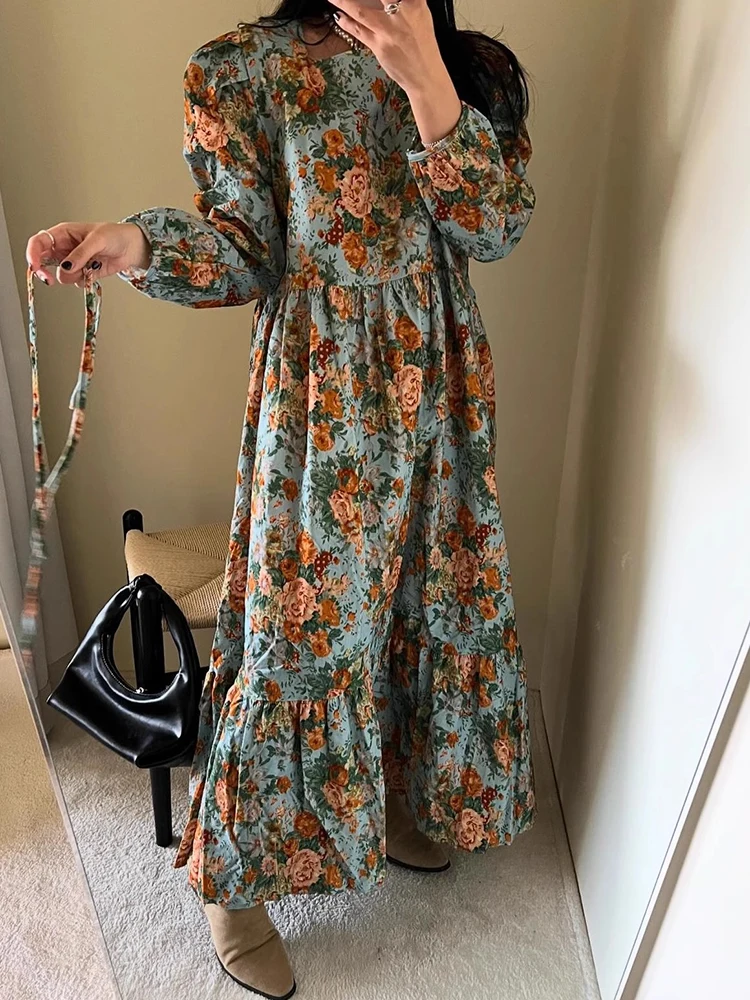 Korean chic autumn retro temperament vestidos 2024 o neck color printing stitching ruffled loose long-sleeved floral dress