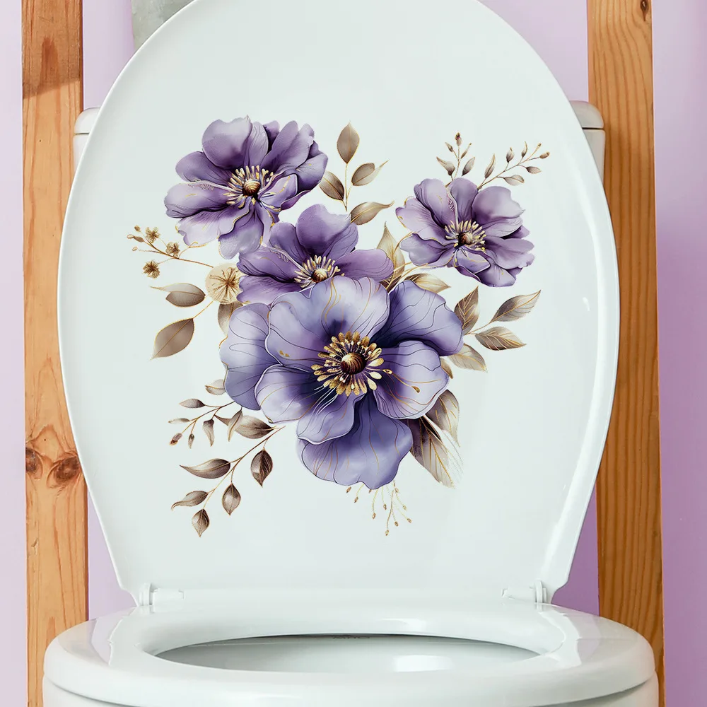 Purple Flowers Decorative WC Toilet Cover Wall Sticker For Toilet Decoration Bathroom Decoration Adhesive Wallpaper Wall Decor