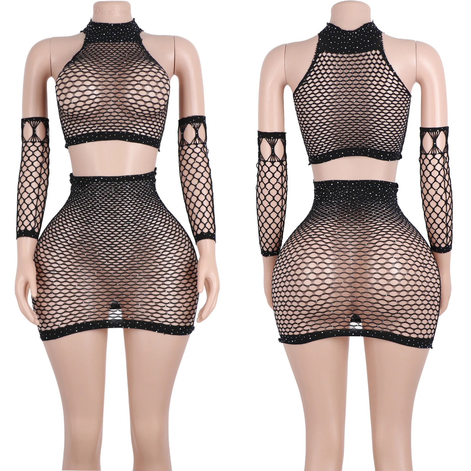Lace Net Two-Piece Set Underwear Sleeve Garters Mini Skirt Women's Exotic Performance Wear Rave Wear Wholesale Exotic Dancewear
