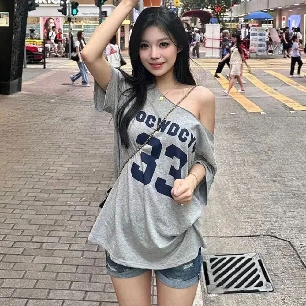 Новая одежда в стиле ретро Spice Girl, женская футболка с косыми плечами Y2k, женская свободная футболка большого размера в ленивом стиле, футболка в стиле Харадзюку