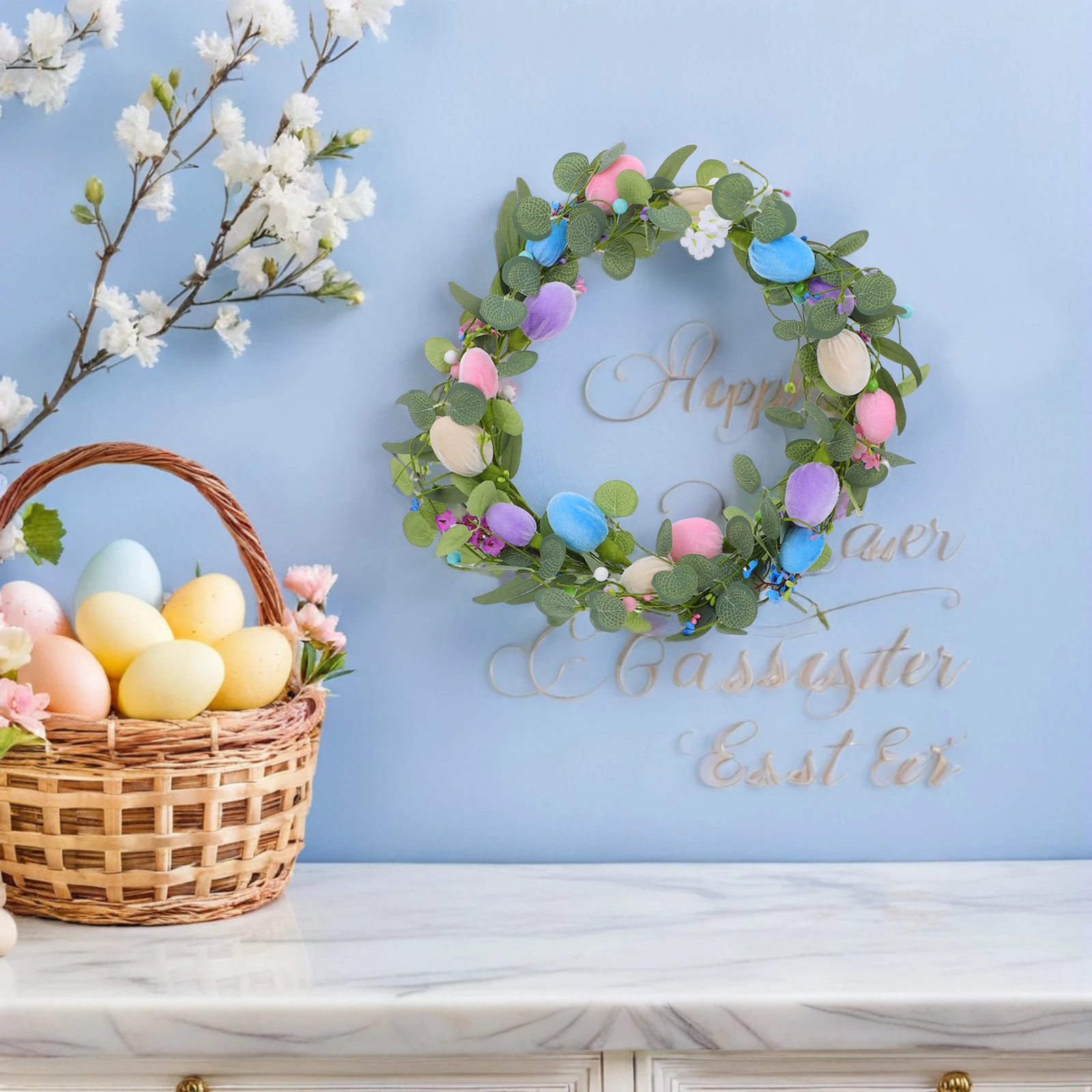 

Artificial Easter Wreath with Pastel Eggs and Eucalyptus Greenery - Spring Door Decoration for Front Entry Holiday Home Decor