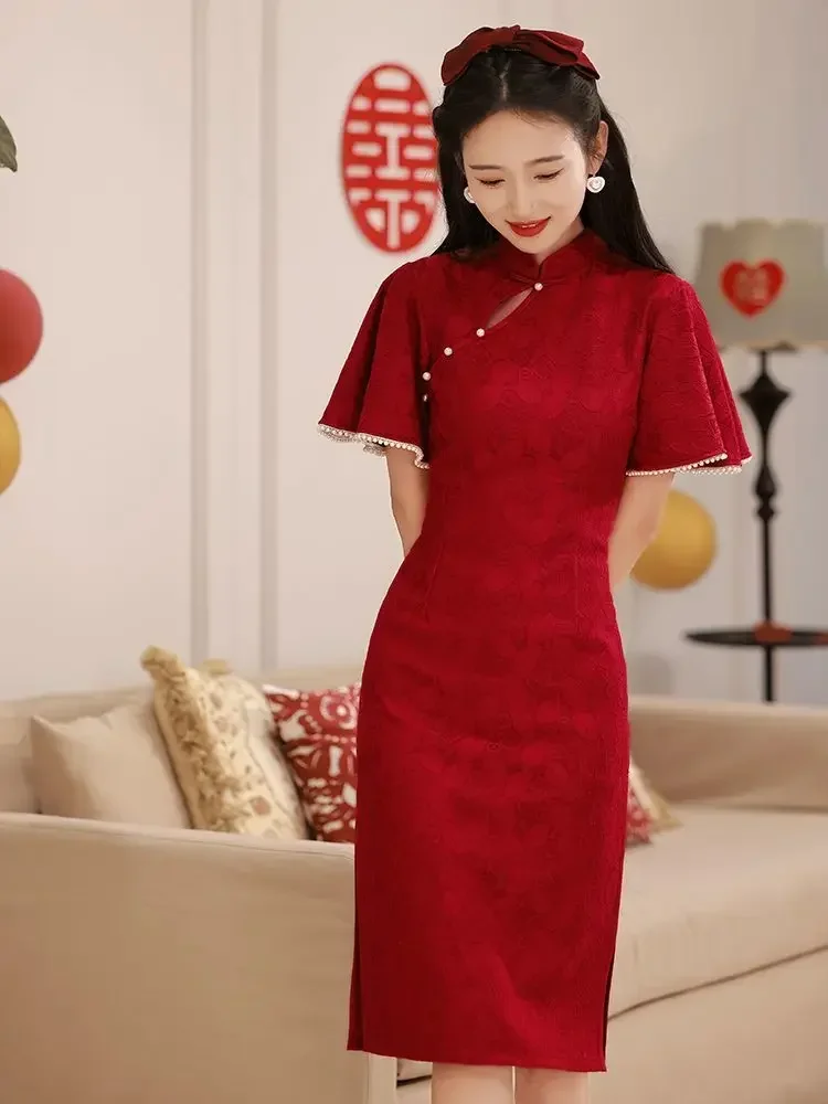 Summer Red Lace Cheongsam Slim Retro Daily Performance abbigliamento abito da sposa da sera in stile cinese Qipao per le donne all'ingrosso