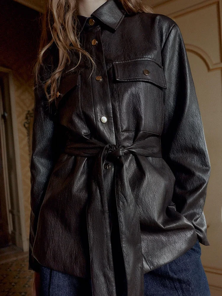 Winter 2025 Damen Langarm-Kragenjacke mit Gürtel aus Kunstleder – Neu eingetroffen, elegante Pendler-Oberbekleidung für Damen