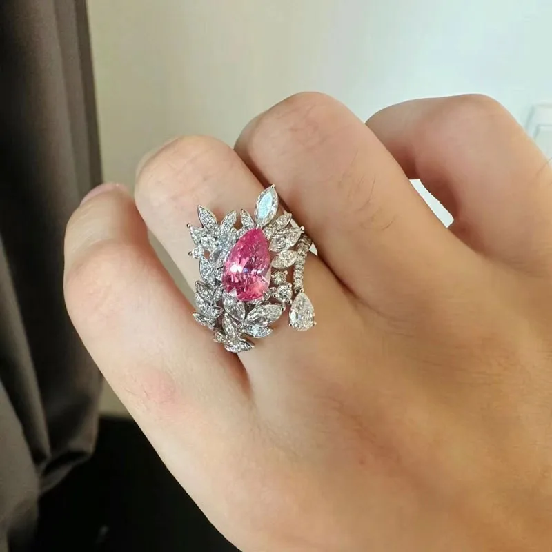 925 Sterling Silver Dazzling Fashion Full Diamond Open Mouth Women'S Ring High-End Romantic Sweet Pink Gemstone Ring Jewelry