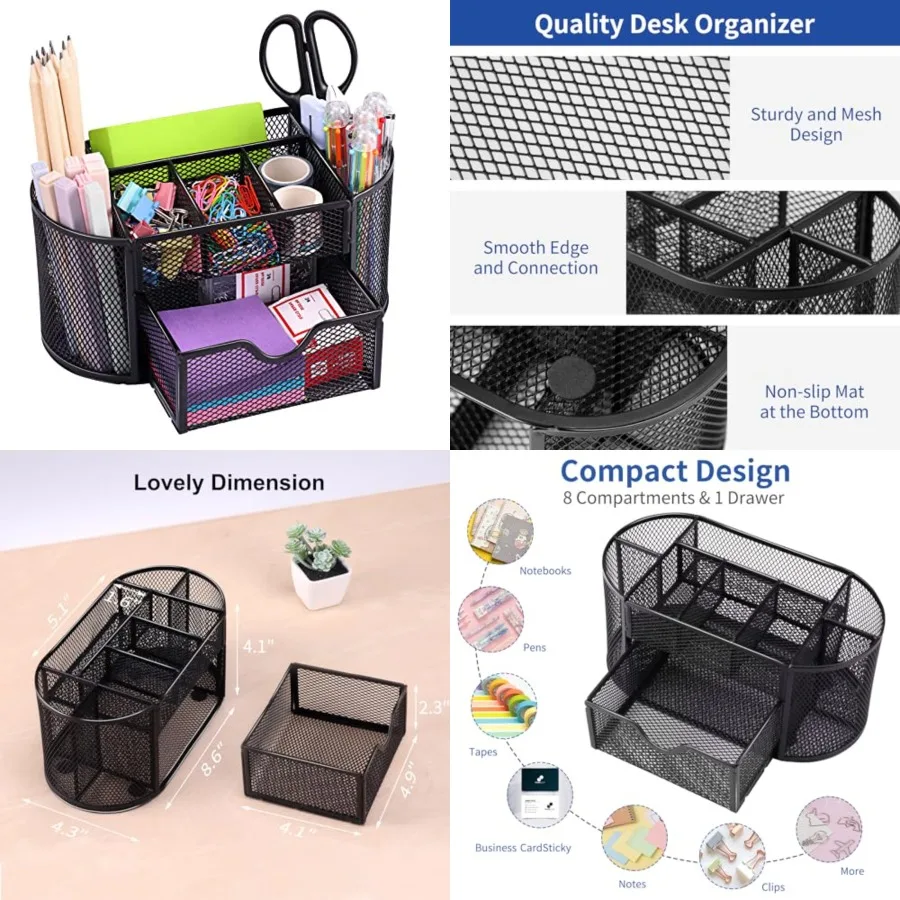 

Desk Organizer, Pencil Holder for Desk, Mesh Office Desk Accessories with 8 Compartments and 1 Drawer Stationery Holder School