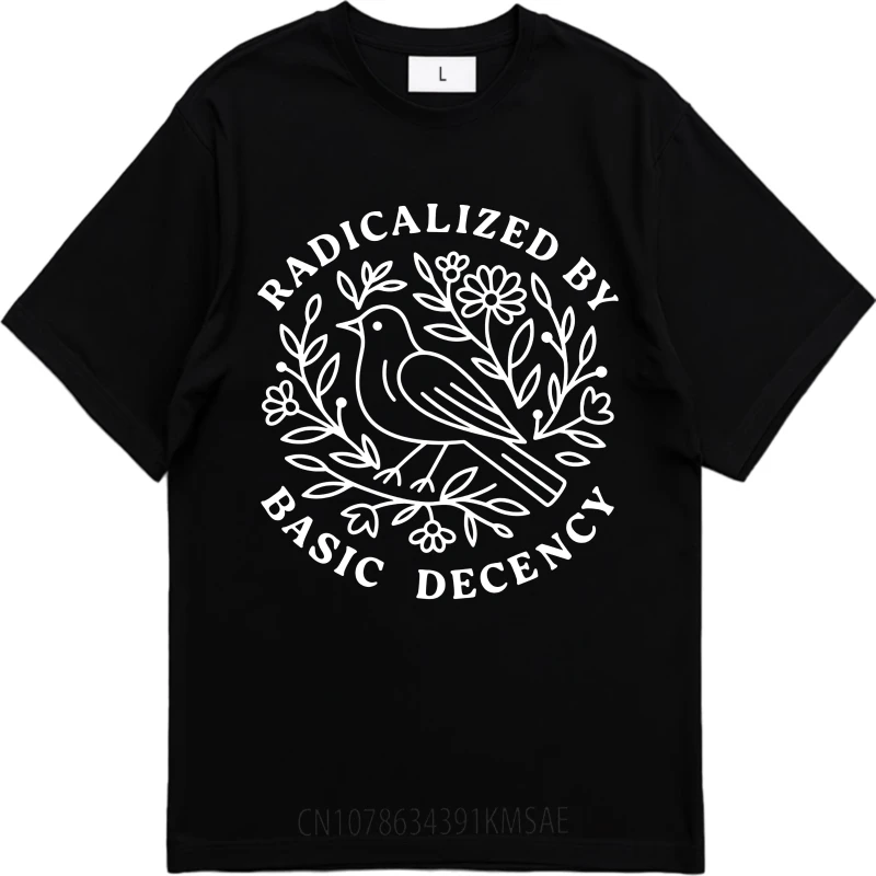 Camiseta minimalista de verano para niños, camisetas unisex de manga corta con cuello redondo y diseño floral de aves básicas radicalizadas de Decency, color negro