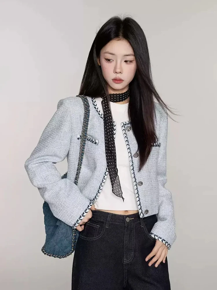 Jmprs Retro Blue Tweed Jackets Women French Elegant Long Sleeve Short Coat Vintage Design Female O Neck High Quality Top Outwear