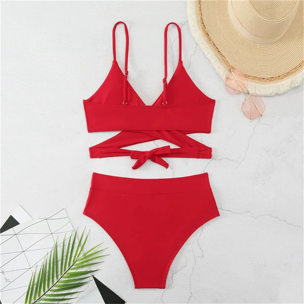 Sexy Red High Waisted Bikini Women Swimwear 2025 Cross Bandage Knotted Swimsuit Brazilian Bikinis Sets Bathing Swimming Suit