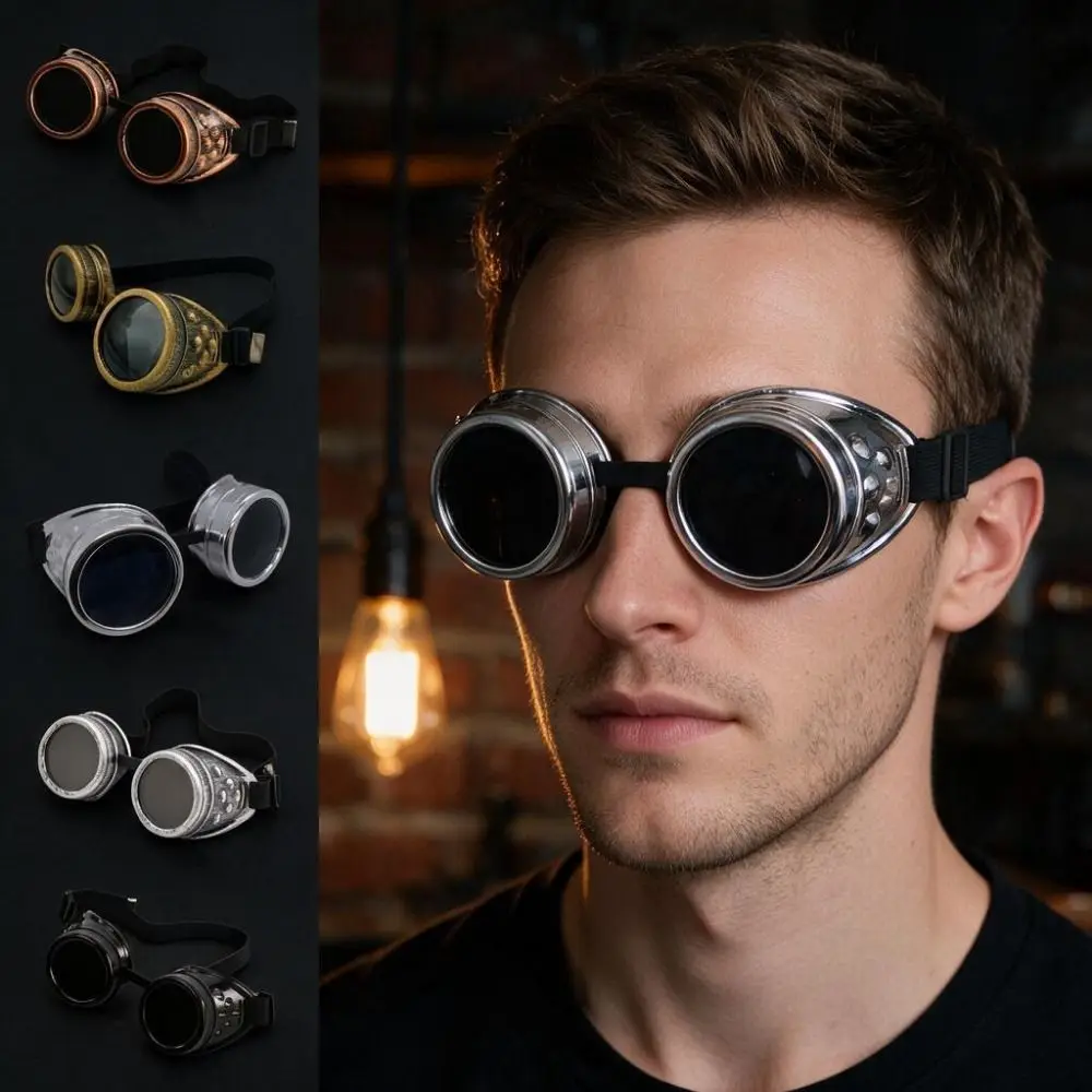 Vintage Fashion Retro Steampunk Goggles Metal Windproof Steampunk Glasses Unisex Design Adjustable Driver Goggles Cosplay