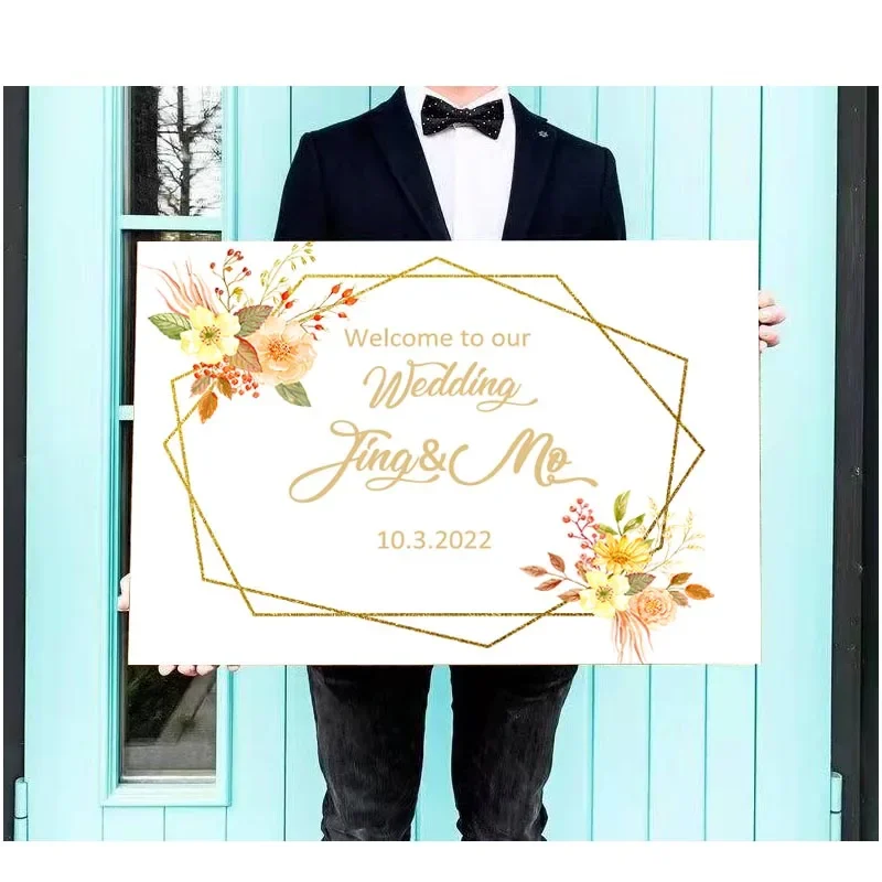 Personalized canvas welcome to the wedding party sign decoration sign custom name and any text flower guide card sign