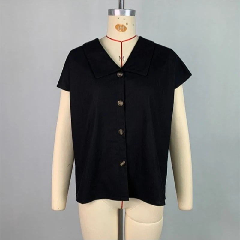 Krisstargirls 2026 Camiseta de Lino y Algodón Azul Marino para Mujer, Camiseta Básica de Manga Corta con Botones y Cuello Redondo, Estilo Casual de Verano