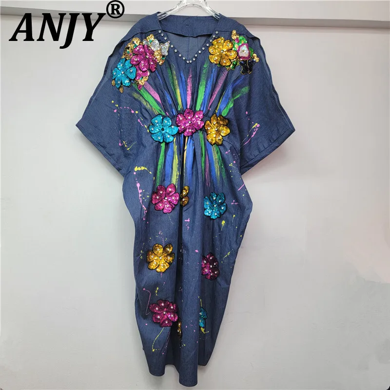 

ANJY Summer New Women's Streetwear Ins Fashion Elegant Chic Batwing Sleeve Printed Embroidered Diamonds V-neck Denim Dress A8405