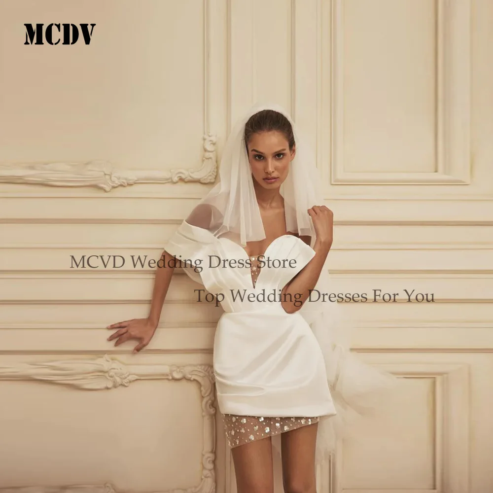 

MCDV Off Shoulder Mini Wedding Dresses Corset Back V-Neck Satin Short Formal Bride Party Dress Robe de mariage Customized