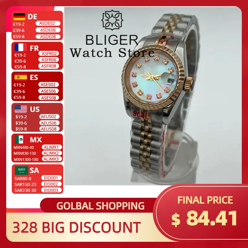 BLIGER 26mm Silver Rose Gold Mechanical Women's Watch NH05 Movement White Pearl Shell Dial Rose Gold Index Date Sapphire Glass