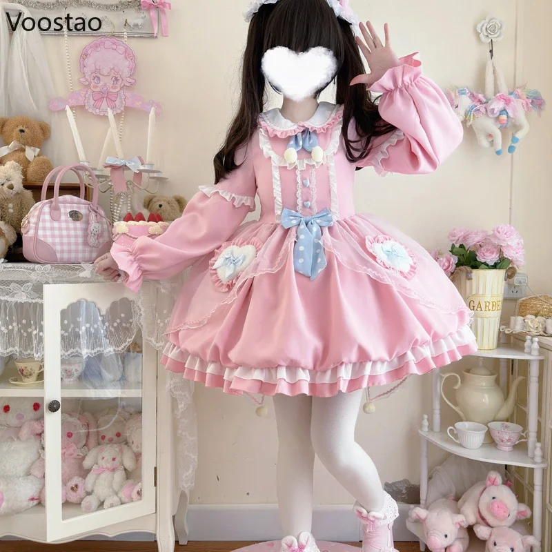 Vestido Kawaii Lolita OP para mujer, dulce lazo con volantes, conejito de dibujos animados, Mini vestidos de fiesta de manga larga, vestido de princesa gótico japonés para niñas