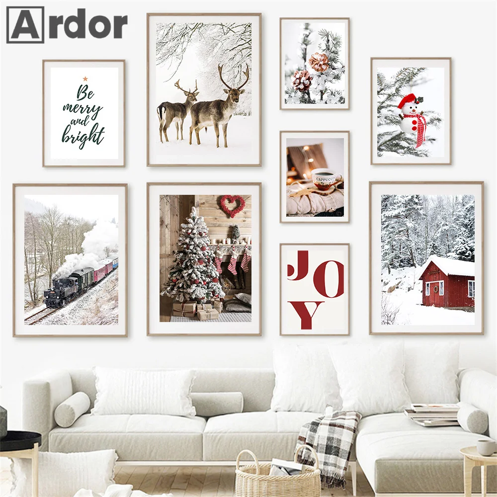 Christmas Tree Winter Snow Scene Forest Santa Claus Sleigh Elk Cookie Gifts Posters Wall Art Canvas Prints Pictures Home Decor