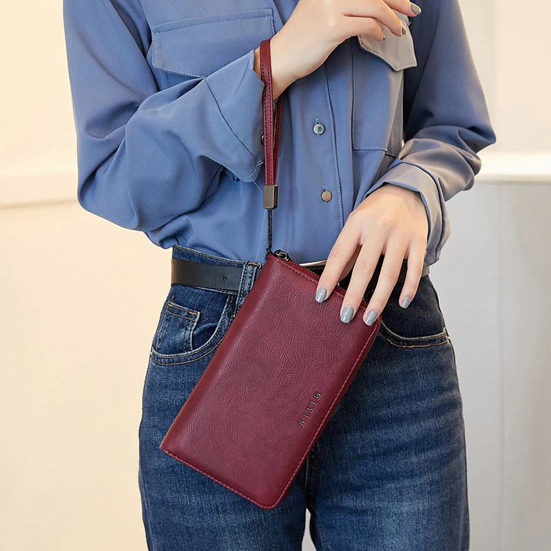 RFID Long Vintage Wallet Women Large Capacity Multi-Card Holder Leather Zipper Purse Female Money Coin Pocket Phone Clutch Bag