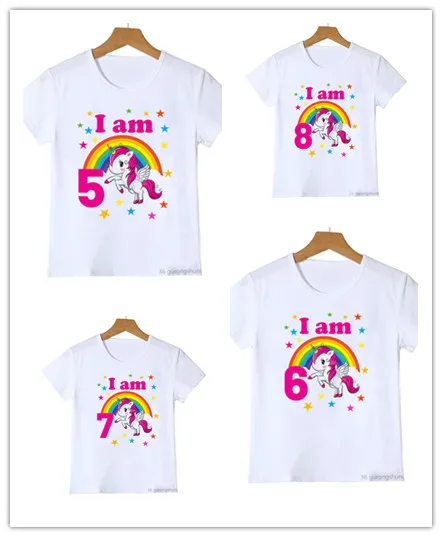 

1-8th Rainbow Unicorn Birthday Number Print Girls T-Shirt Cute Kids Tshirt For Kids Birthday Party Clothing Baby T Shirt Tops