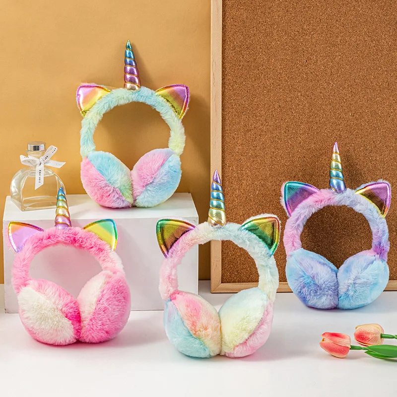 Colorful Unicorn Soft Plush Fluffy Earflap for Children Kids Winter Warm Plush Earmuffs with Cute Cat Ears Tie-dye Fur Hat