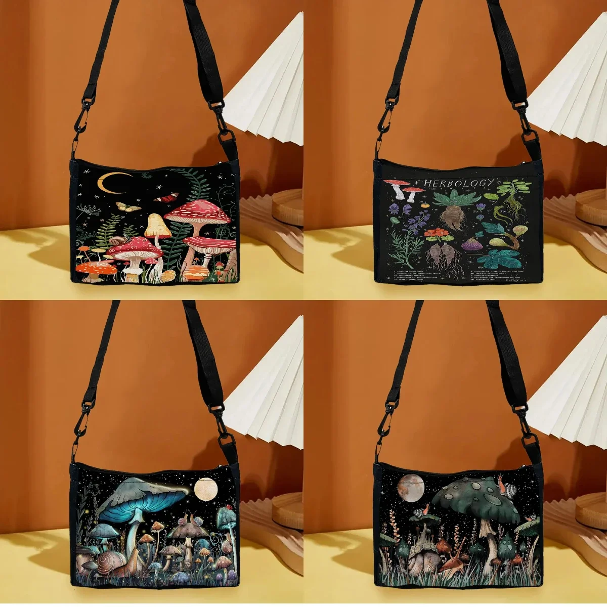 Fantasy Mushroom Crossbody Bag Ethnic Decor Design Shoulder Bag Vibrant Forest Plant Illustrations, Adjustable Strap Handbags