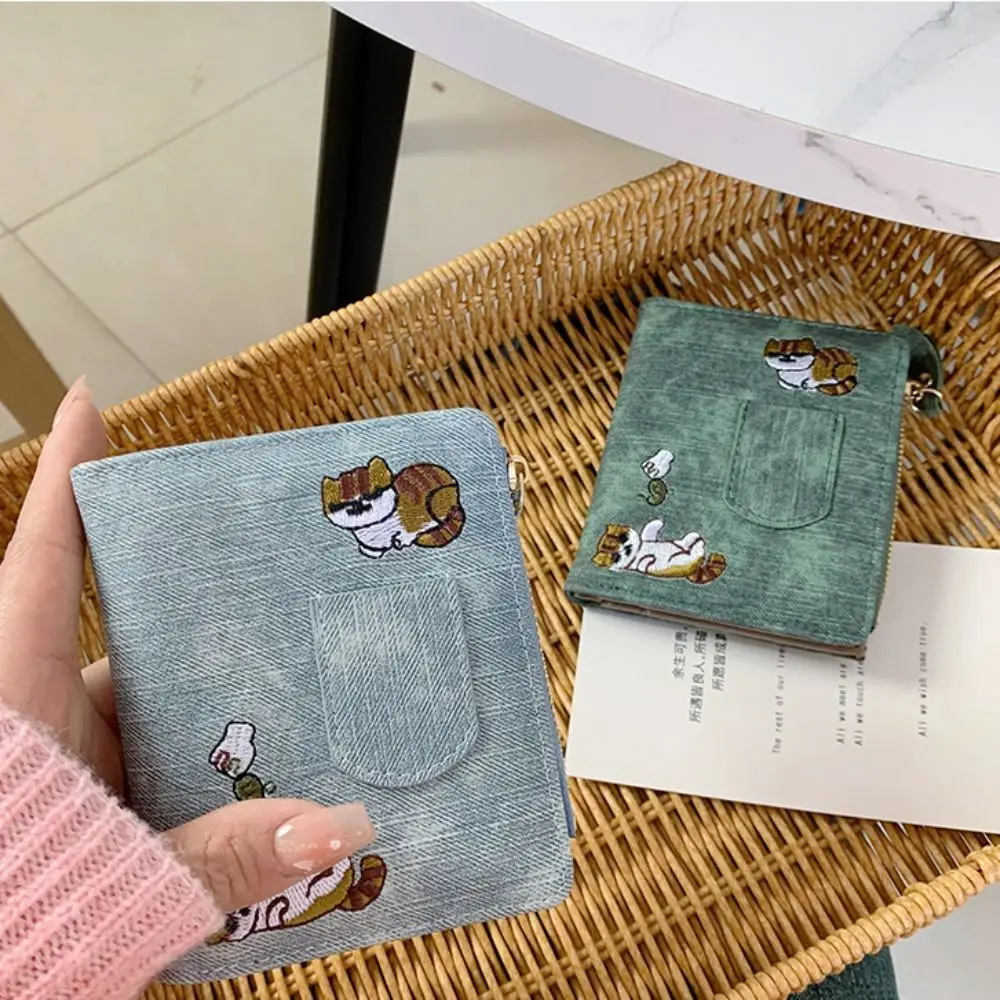 

Кошелек в корейском стиле с вышивкой кота, короткий клатч, парусиновая сумка для карт, держатель для карт, держатель для карт из искусственной кожи на молнии