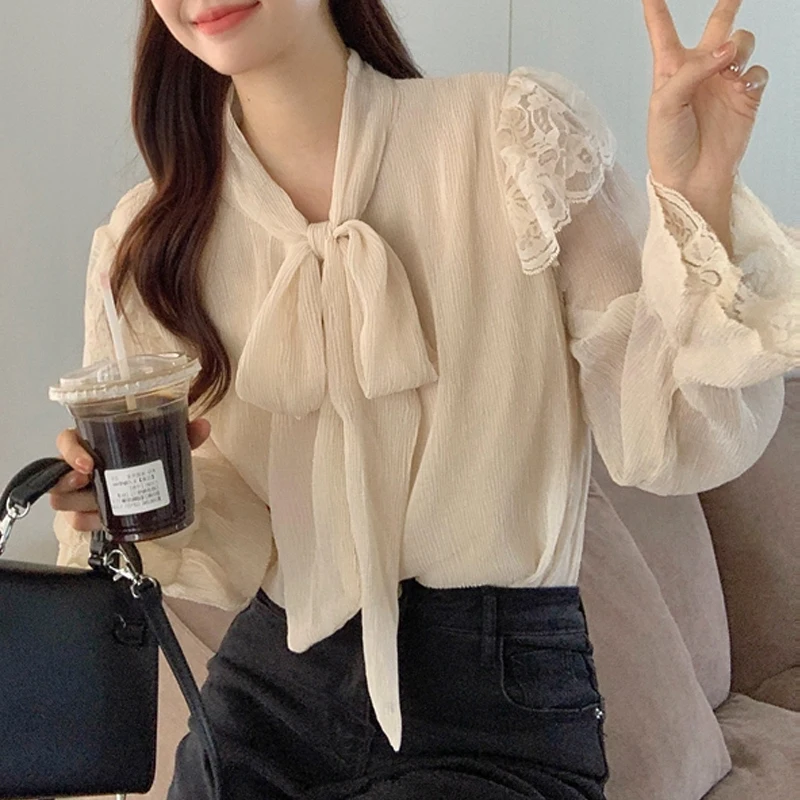 

French Style Sweet Bow Collar Blouse Spliced Lace Shirt Women Elegant Long Flare Sleeve Tops Fashion Loose Apricot Clothes 28850