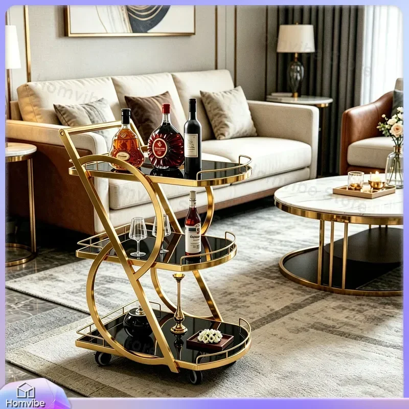 Modern Luxury Stainless Steel Food Service Cart 3 Tier Tempered Glass Wine Trolley High End Hotel Kitchen Rolling Utility Bar