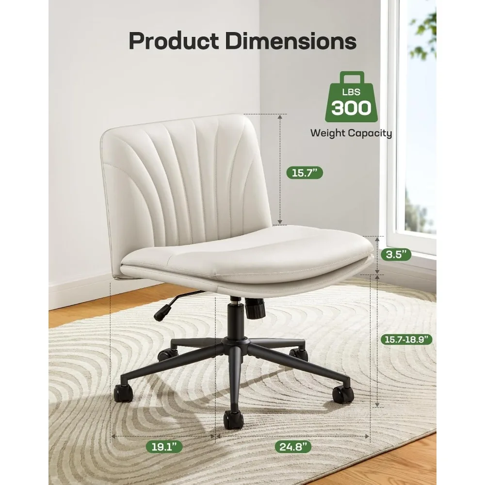 Armless-Office Desk Chair with Wheels: PU Leather Cross Legged Wide Chair,Comfortable Adjustable Swivel Computer Task Chairs