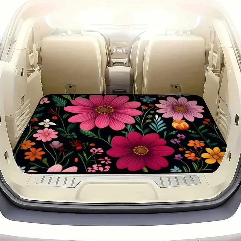 1pc Stylish Car Trunk Mat WithVibrant Floral Pattern With Large Prominent Flowers On Black Background, Whimsical Natural Beauty-