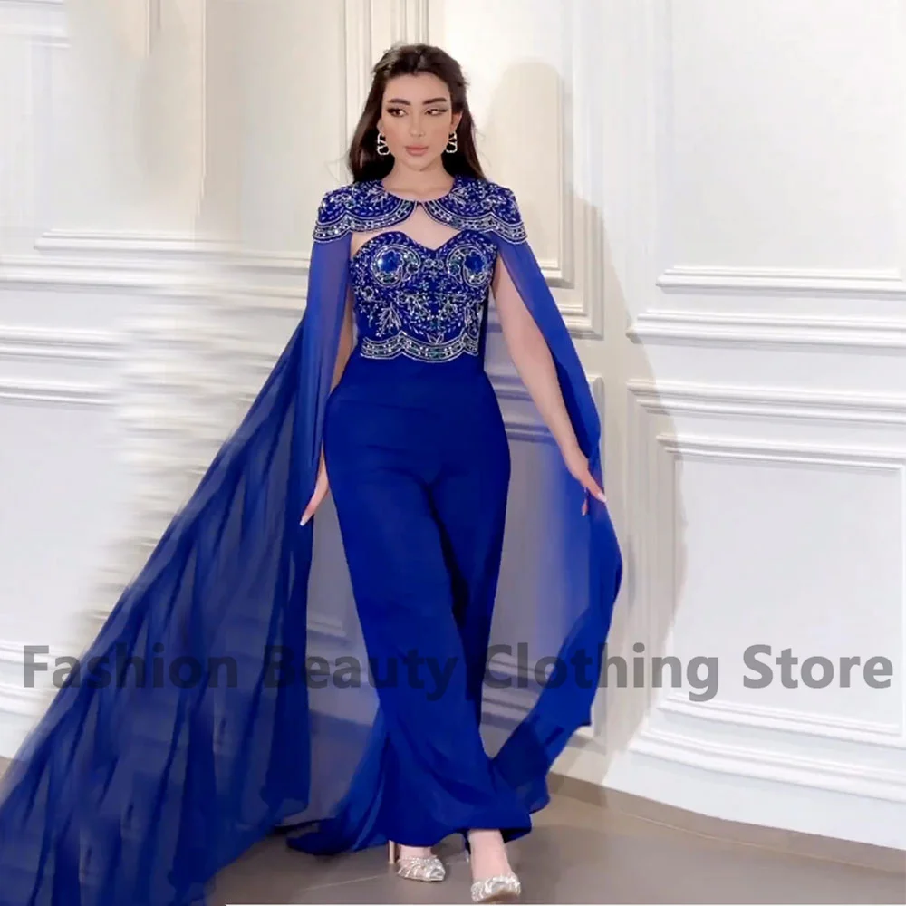 블루 시폰 이브닝 원피스 아플리케 새틴 숄, 연인 사우디 아라비아 여성, 우아한 인어 드레스