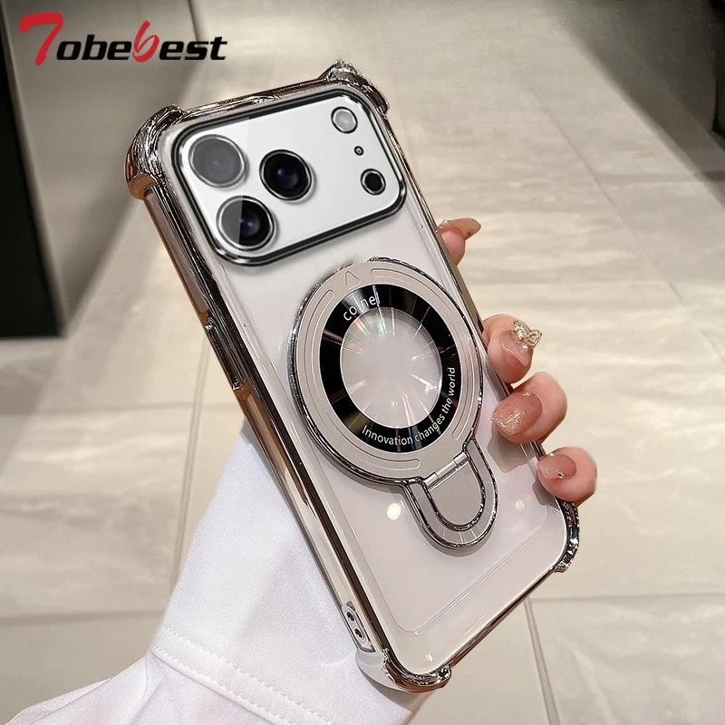 Capa magnética transparente à prova de choque com suporte magsafe para iphone 17 air 16 16e 15 14 plus13 12 11 pro xs max xr capa de silicone