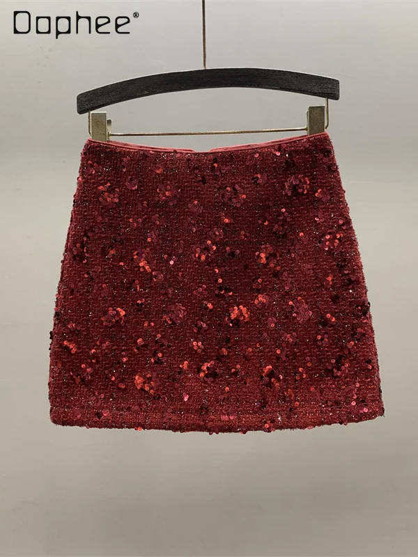 

Heavy Sequin Trendy Tweed Midi Skirt Women Autumn New Korean Elegant High Waist Slimming A-line Skirts Sexy Socialite Mini Skirt