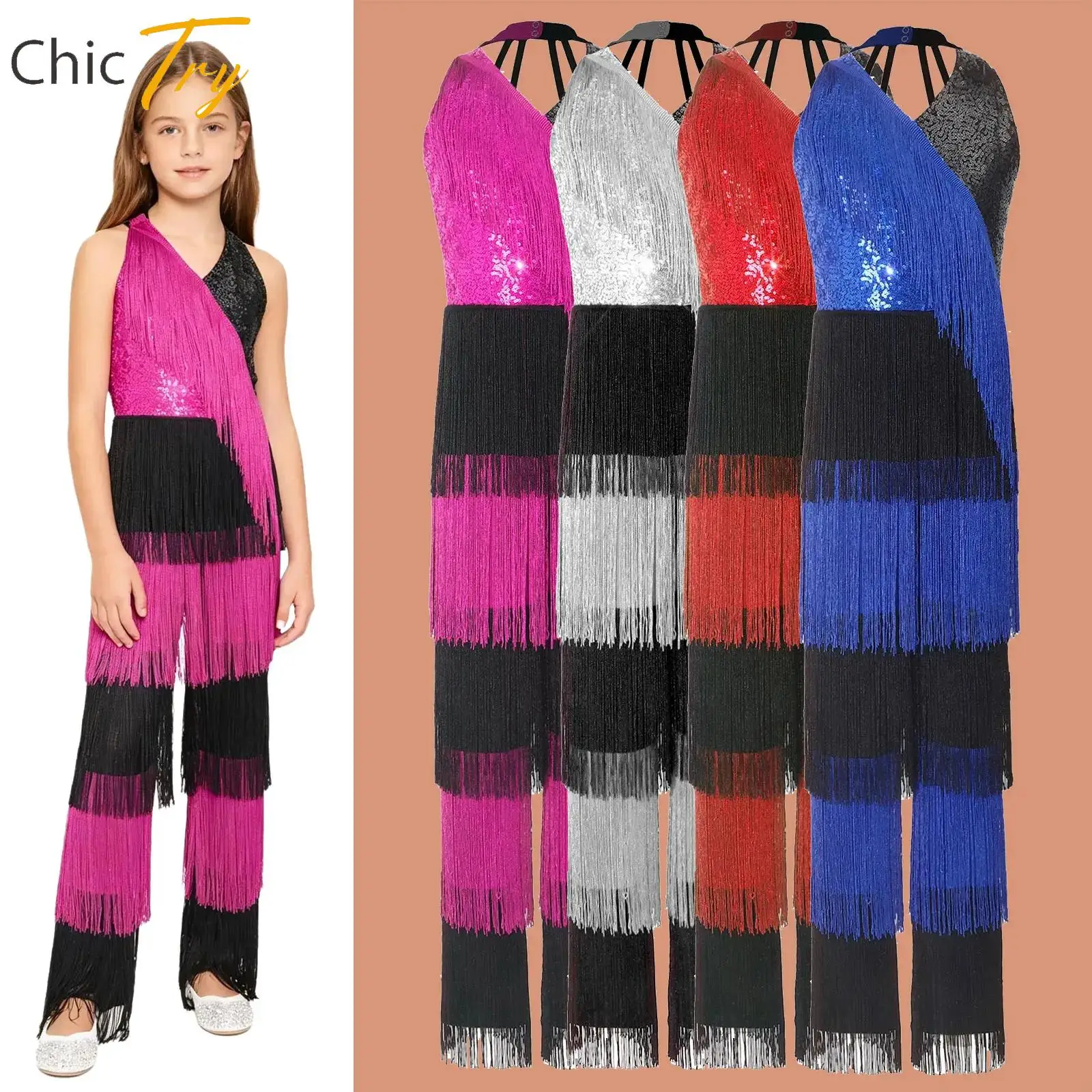 

Kids Girls Sleeveless Fringed Bodysuit Modern Latin Jazz Dance Leotard Dress Acrobatics Gymnastics Skating Performance Costumes