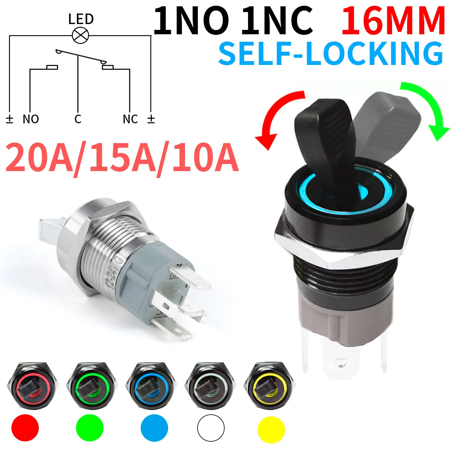 

16MM Toggle Switch Self-locking 1NO1NC Slide High Current Metal Waterproof Push Button 2 Positions 3-6V/20A 12-24V/15A 220V/10A
