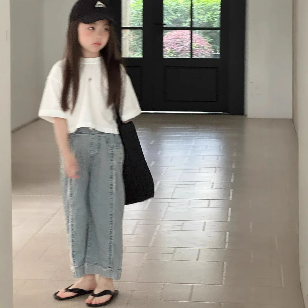 Girl Pants 2026 Summer New Childrens Clothing Korean Style Girl Baby Edge Bar Straight Tube Cupped Jeans Casual Simple Daily