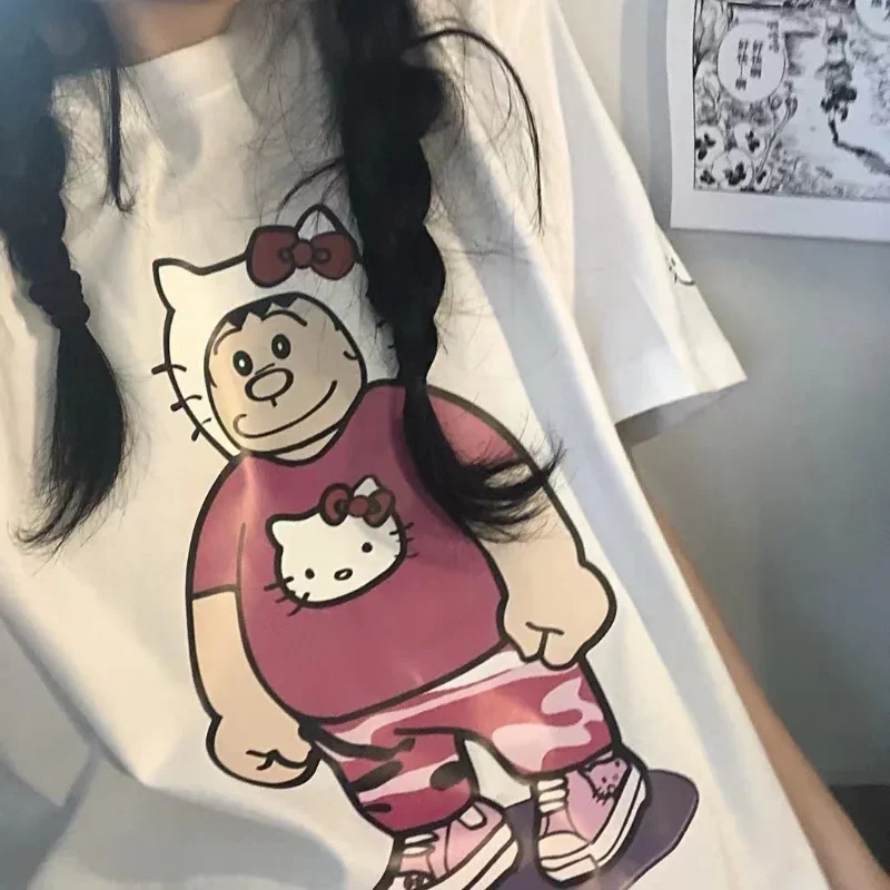 

Sanrio Kawaii Clothes Cute Hello Kitty Short Sleeve T-shirt Female Student Japanese Loose Preppy Style Y2K Top Oversized T Shirt