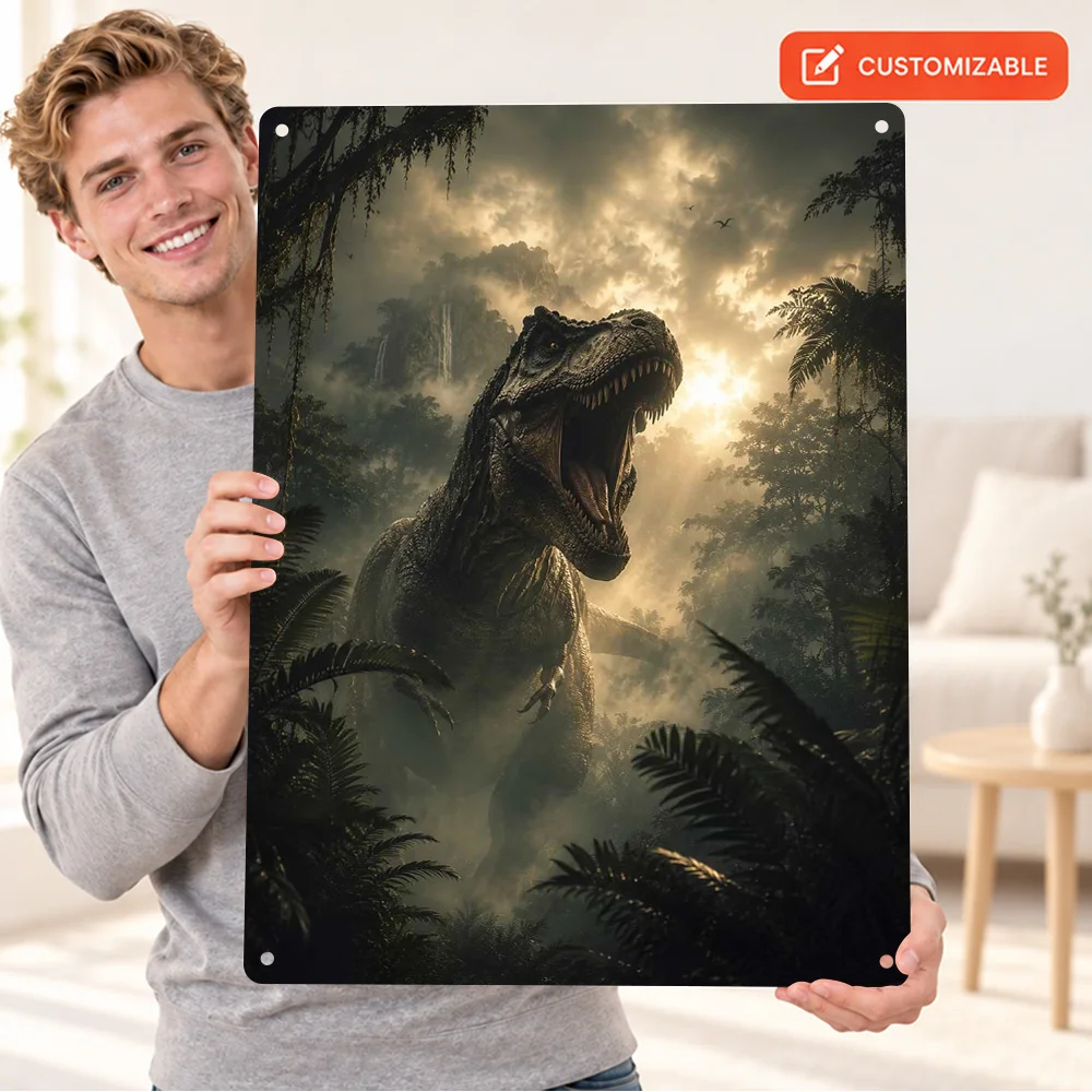 Roaring Tyrannosaurus Rex Printed Poster Personalized Aluminum Metal Sign Atmospheric Wildlife Illustration Wall Art For Hallway