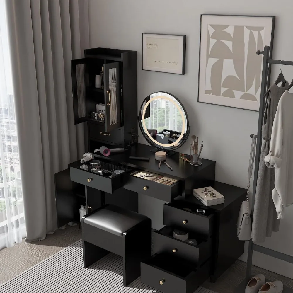 Dressers Makeup Table with Light, Makeup Table with Power Socket, Makeup Table with 6 Drawers and Bedroom Cabinet