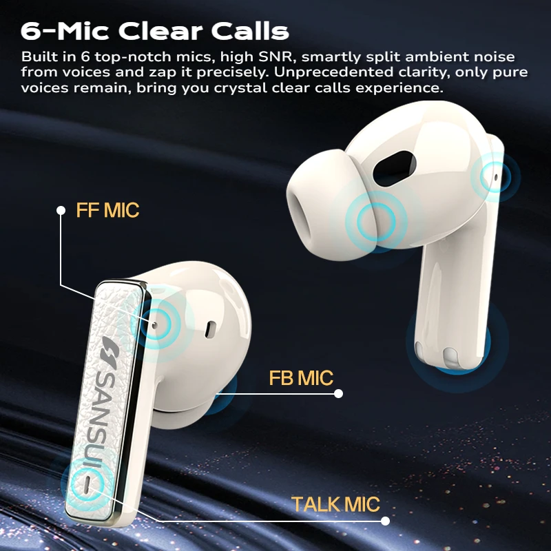 Auricolari Bluetooth 5.4 Sansui ANC -52dB Cuffie con cancellazione attiva del rumore Rilevamento in-ear Auricolari wireless TWS Vivavoce