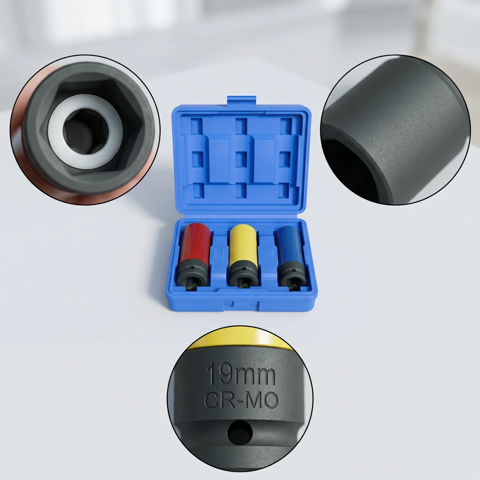 3 Pieces Impact Socket Kit with Shielded Sleeves Non-Marring Wheel Shielded Socket Set Tool Color-Coded Heavy-Duty