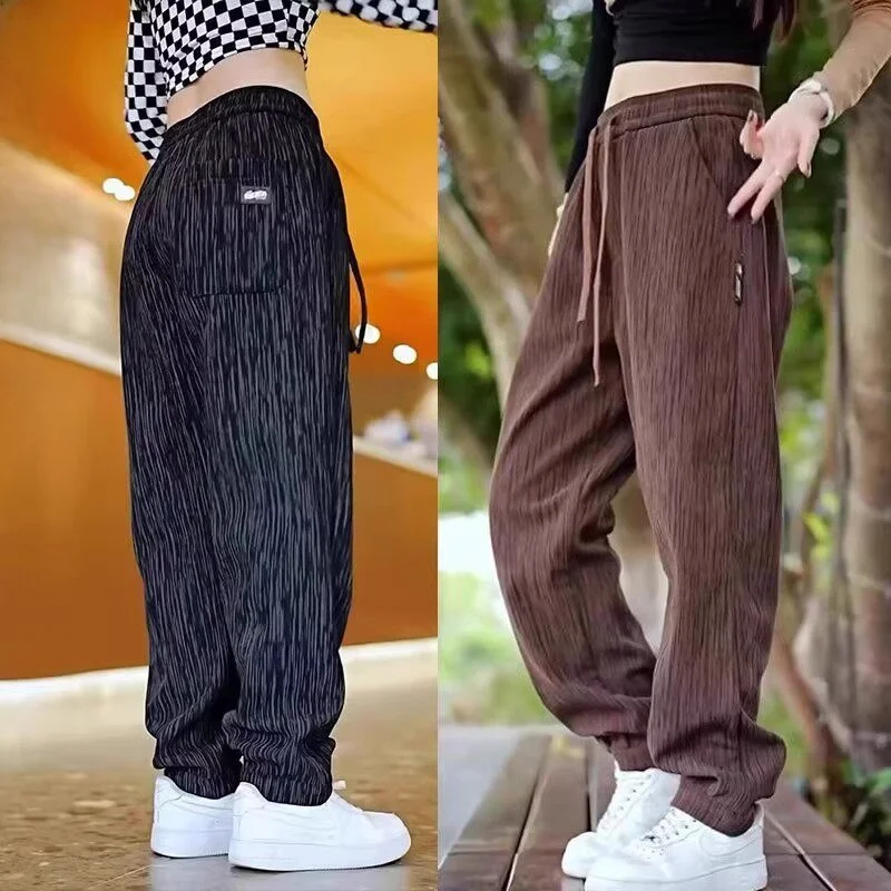 Ice Silk Stripe Casual Pants Men's High Elastic Quick Dry Thin Loose Breathable Fashionable Matched Sports Pants Harlan Style