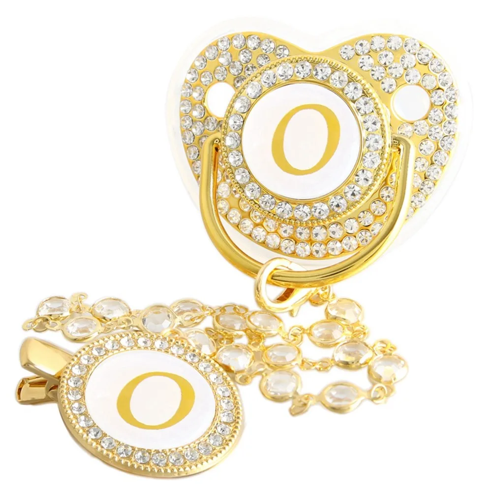 Goldener Baby-Schnuller mit 26 Anfangsbuchstaben und Diamantkettenclip