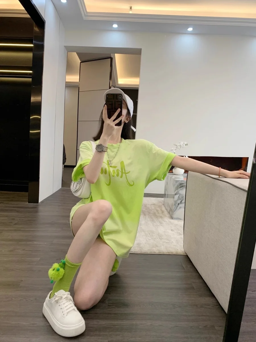 Fluorescent Green Short Sleeve T-Shirt Women's Summer Dopaamine Clothing European Large Size Mid-Length Butt Covering Top