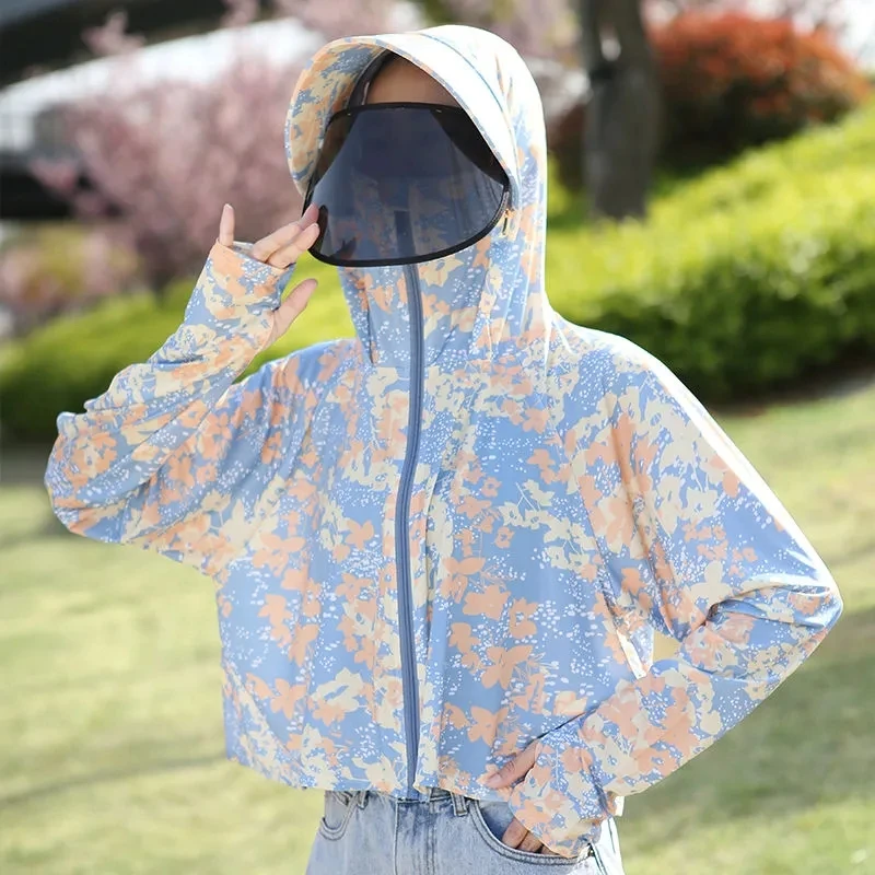 Sunscreen Women's Shawl 2023 Summer Short Thin Ice Silk UV-Proof Loose Outdoor Cycling Sun-Protective Clothing Coat Hooded Top