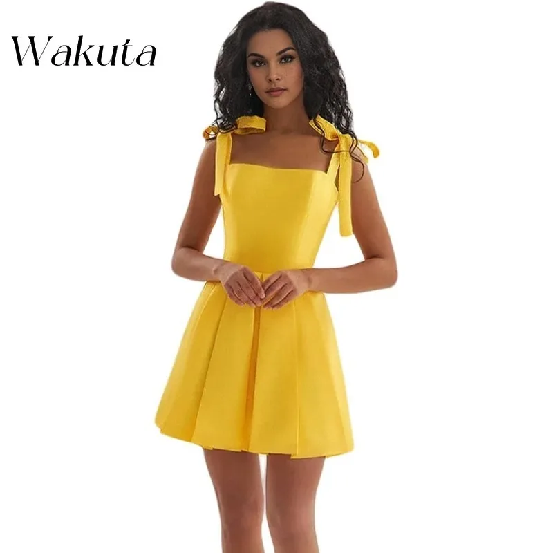 Wakuta Elegant Square Neck Youth Back To School Mini Dresses Off Shoulder Strap Bow Cocktail Vestido Elegante Mujer with Pocket