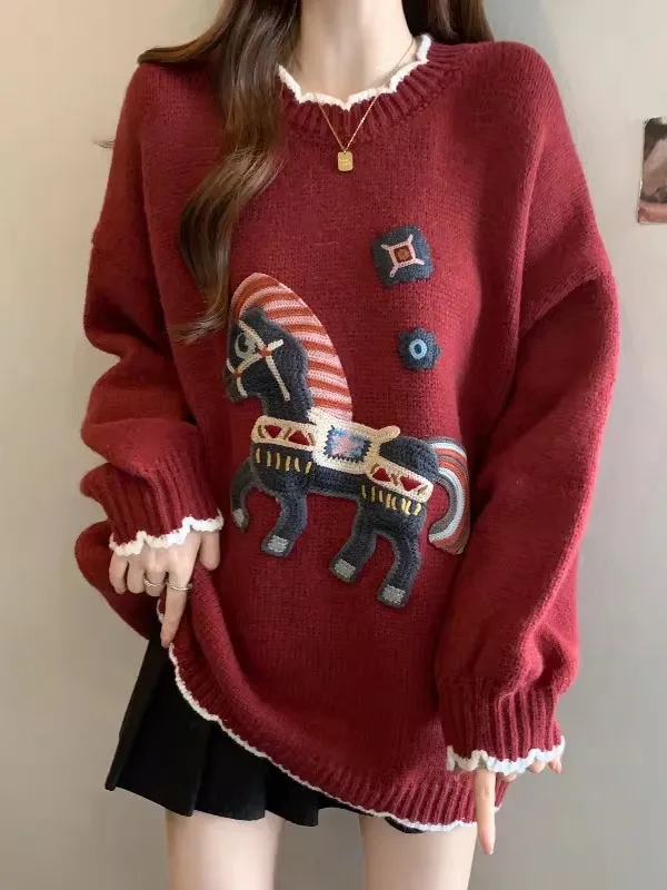 

Длинный свитер винно-красного цвета, женский зимний свитер больших размеров, модный топ Agel, повседневный мягкий полиэстер, ткань с животным узором