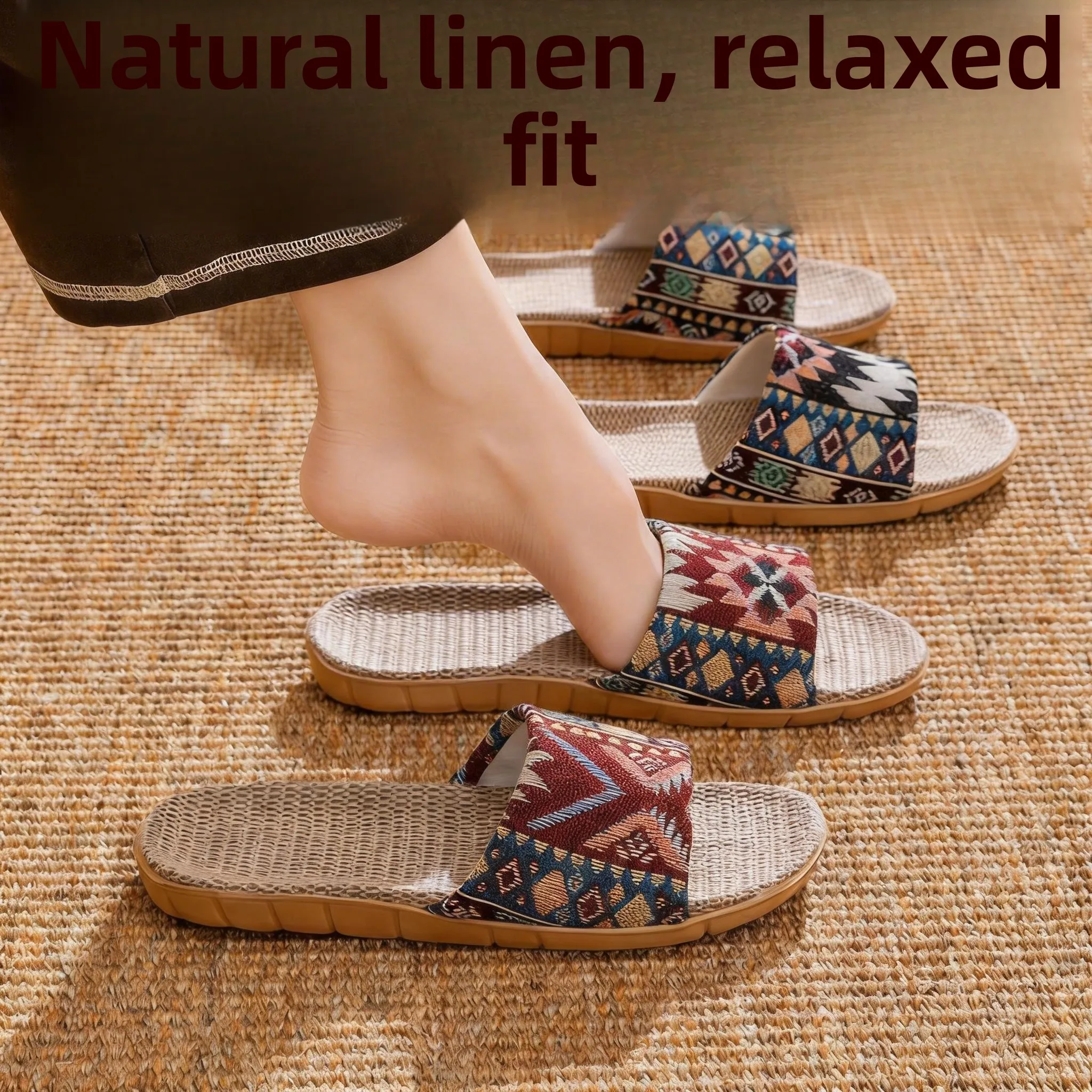 

Linen Slippers Women's Indoor Floor Breathable Anti-slip Slip-resistant Home Comfortable Cotton Fabric T-Strap Country Style